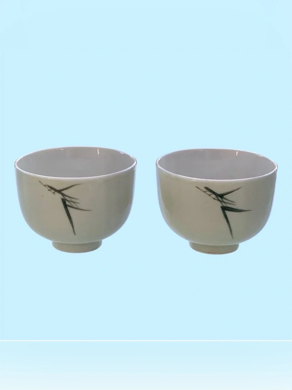 Japanese Bamboo Design Footed Porcelain Tea Cups / Soup Bowls ~ Set of 2